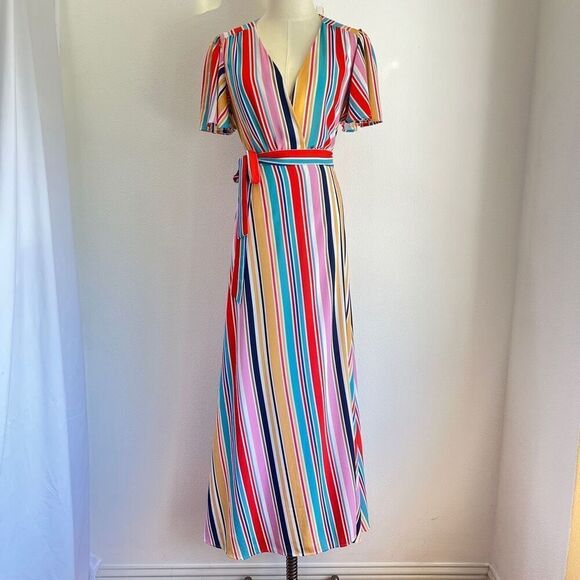 Louna Meghan Striped Multicolor Maxi Wrap Dress Size Small RTR Chic & Flowy - Picture 2 of 14